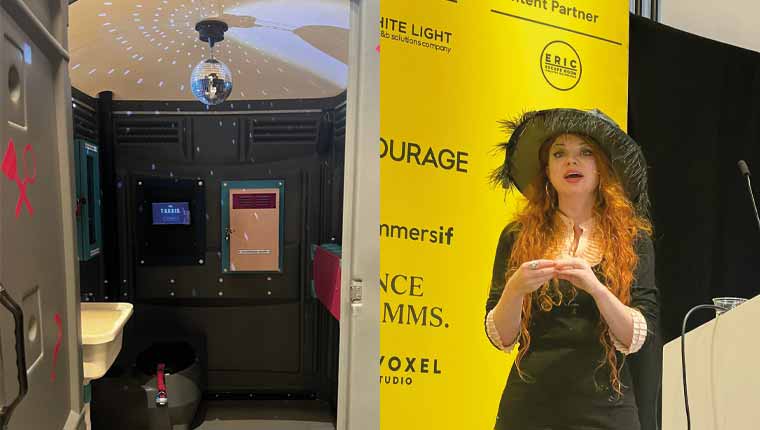 A picture looking inside the TURDIS (a portaloo escape room), and Charlie Bond presenting at Immersive Experience Network Summit